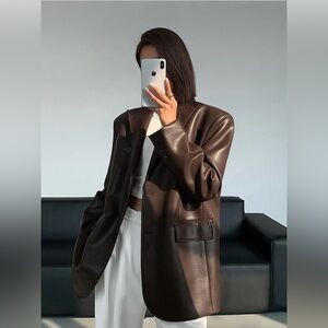 Commense Women’s Oversized Faux Leather Blazer Jacket, Brown, Size XS